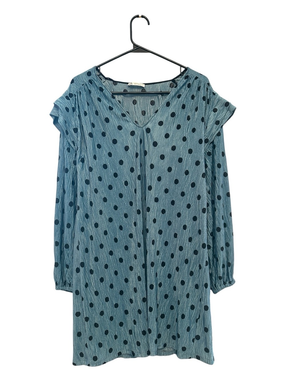 Zara Puff Sleeves Blue & Black Polka Dot Mini Dress Size Small